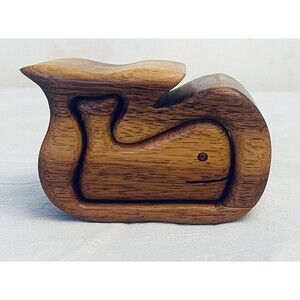 Wooden Trinket Puzzle Box Carved Whale Handcrafted Hardwood VTG Retro Nautical